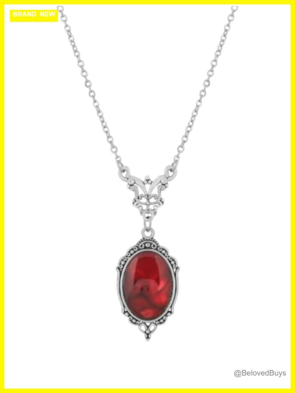 Sacina Red Oval Glass Pendant Necklace Victorian Stainless Steel